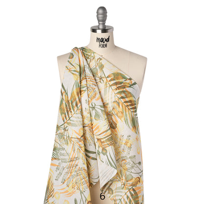 Medium Weight Linen Woven Print - Sage Green, Orange and White Elegant Palm Silhouettes