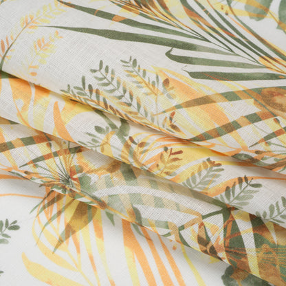 Medium Weight Linen Woven Print - Sage Green, Orange and White Elegant Palm Silhouettes