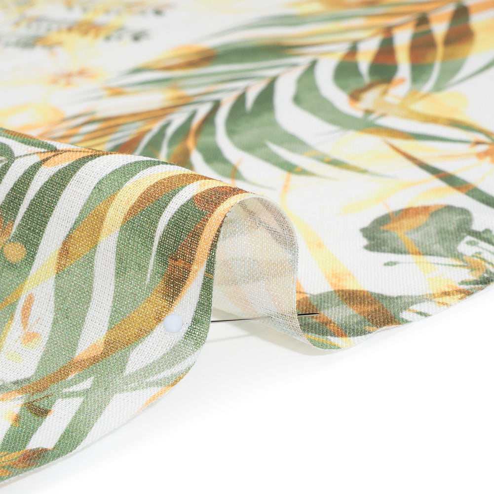 Medium Weight Linen Woven Print - Sage Green, Orange and White Elegant Palm Silhouettes