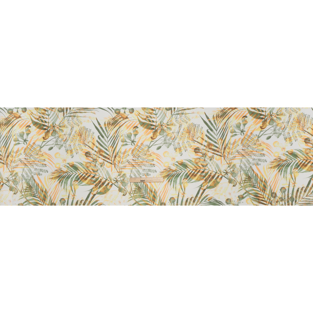 Medium Weight Linen Woven Print - Sage Green, Orange and White Elegant Palm Silhouettes
