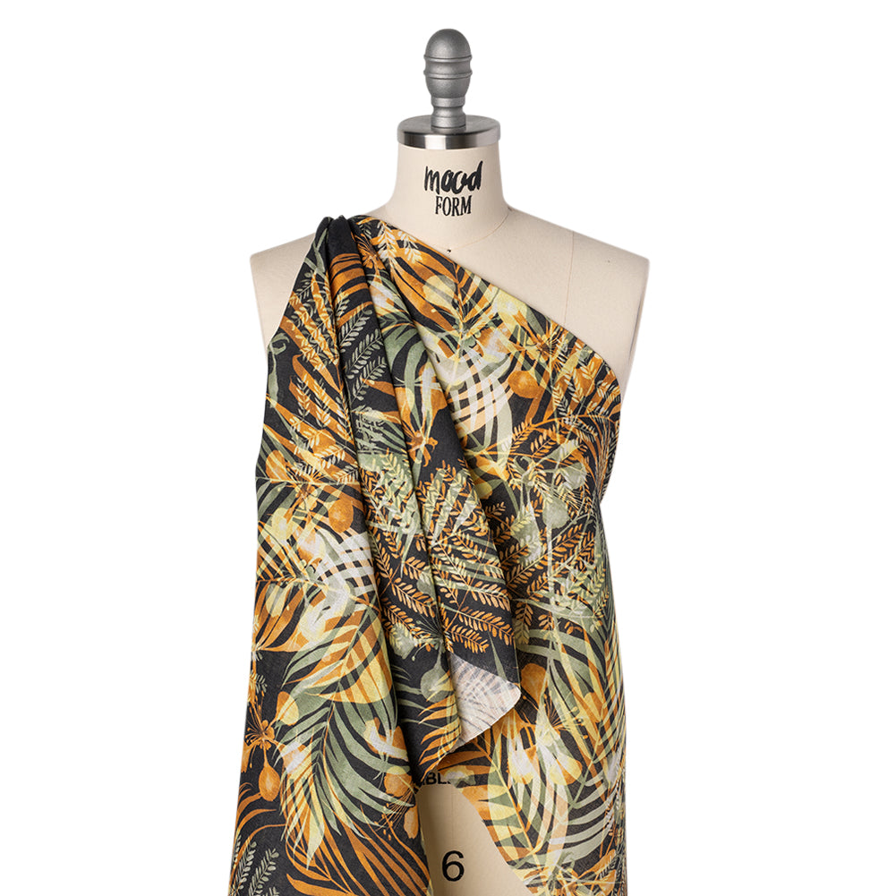 Medium Weight Linen Woven Print - Sage Green, Amber and Black Elegant Palm Silhouettes Folded