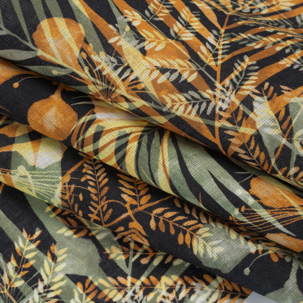 Medium Weight Linen Woven Print - Sage Green, Amber and Black Elegant Palm Silhouettes Detail
