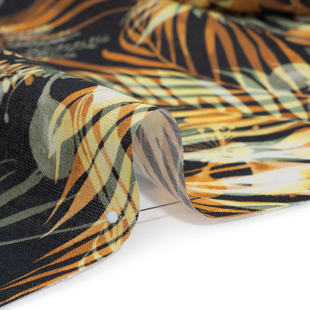 Medium Weight Linen Woven Print - Sage Green, Amber and Black Elegant Palm Silhouettes Full