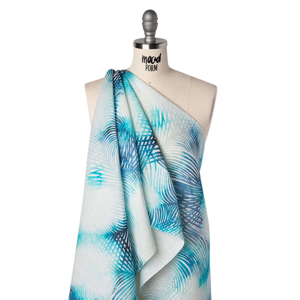 Medium Weight Linen Woven Print - Sahara Blue and White Palm Leaves