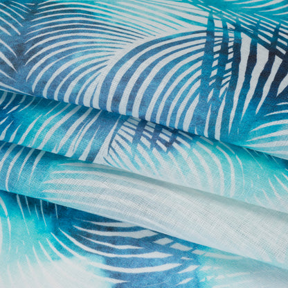 Medium Weight Linen Woven Print - Sahara Blue and White Palm Leaves