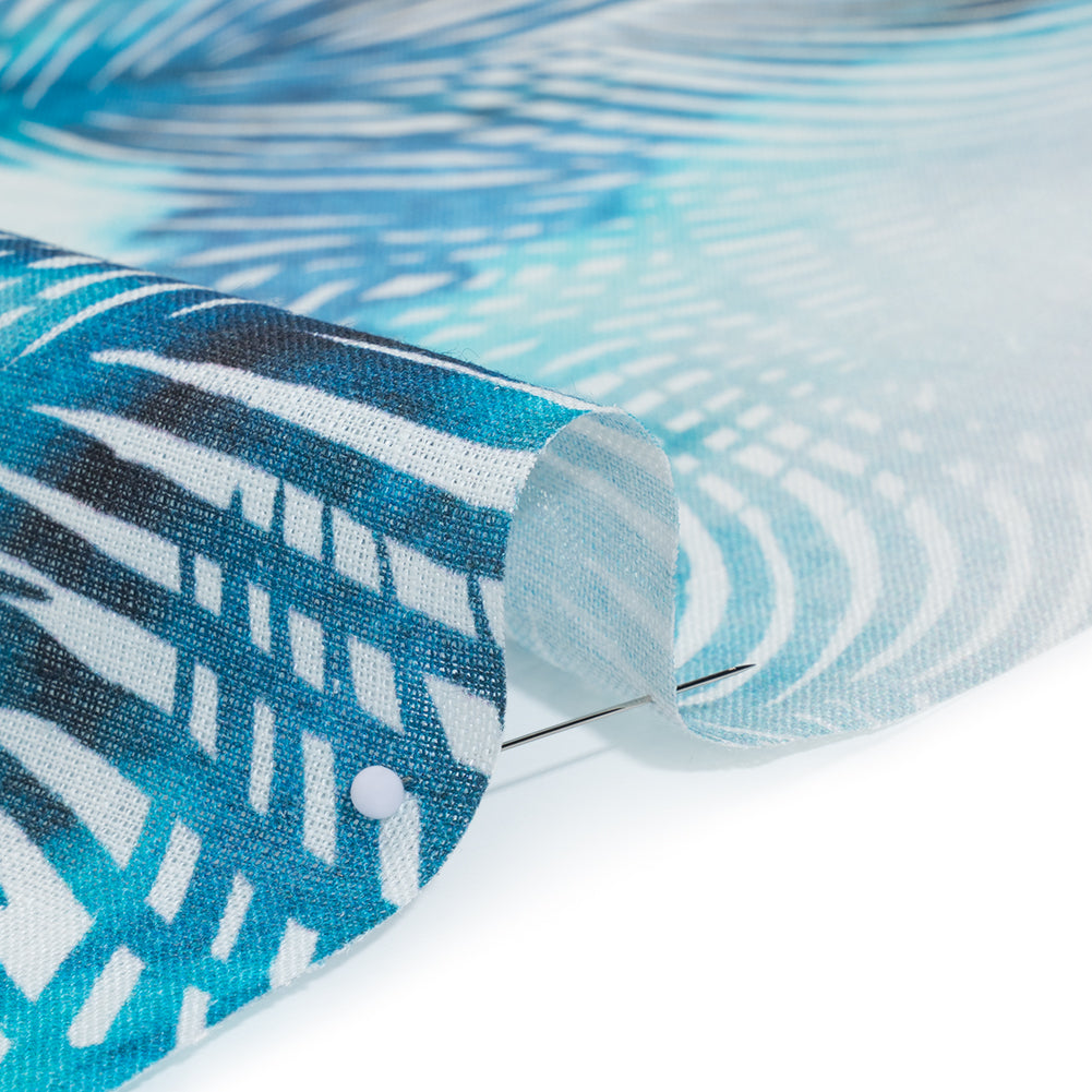 Medium Weight Linen Woven Print - Sahara Blue and White Palm Leaves