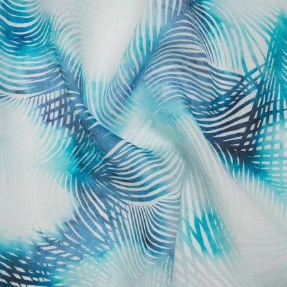 Medium Weight Linen Woven Print - Sahara Blue and White Palm Leaves