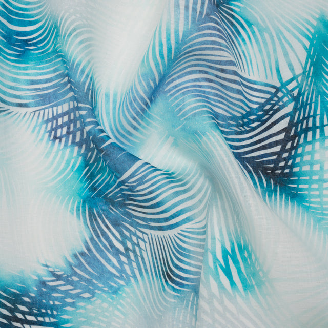 Medium Weight Linen Woven Print - Sahara Blue and White Palm Leaves