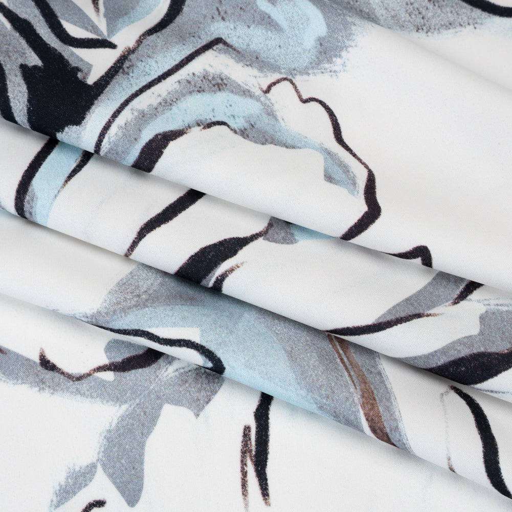 Polyester Satin - White, Gray and Sky Blue Inky Florals - Mood Exclusive Atamasco Ink Print