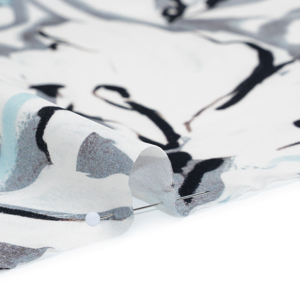 Polyester Satin - White, Gray and Sky Blue Inky Florals - Mood Exclusive Atamasco Ink Print