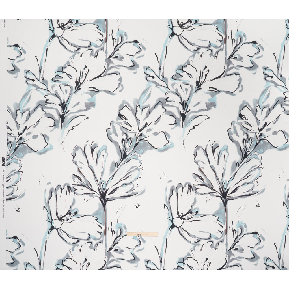 Polyester Satin - White, Gray and Sky Blue Inky Florals - Mood Exclusive Atamasco Ink Print