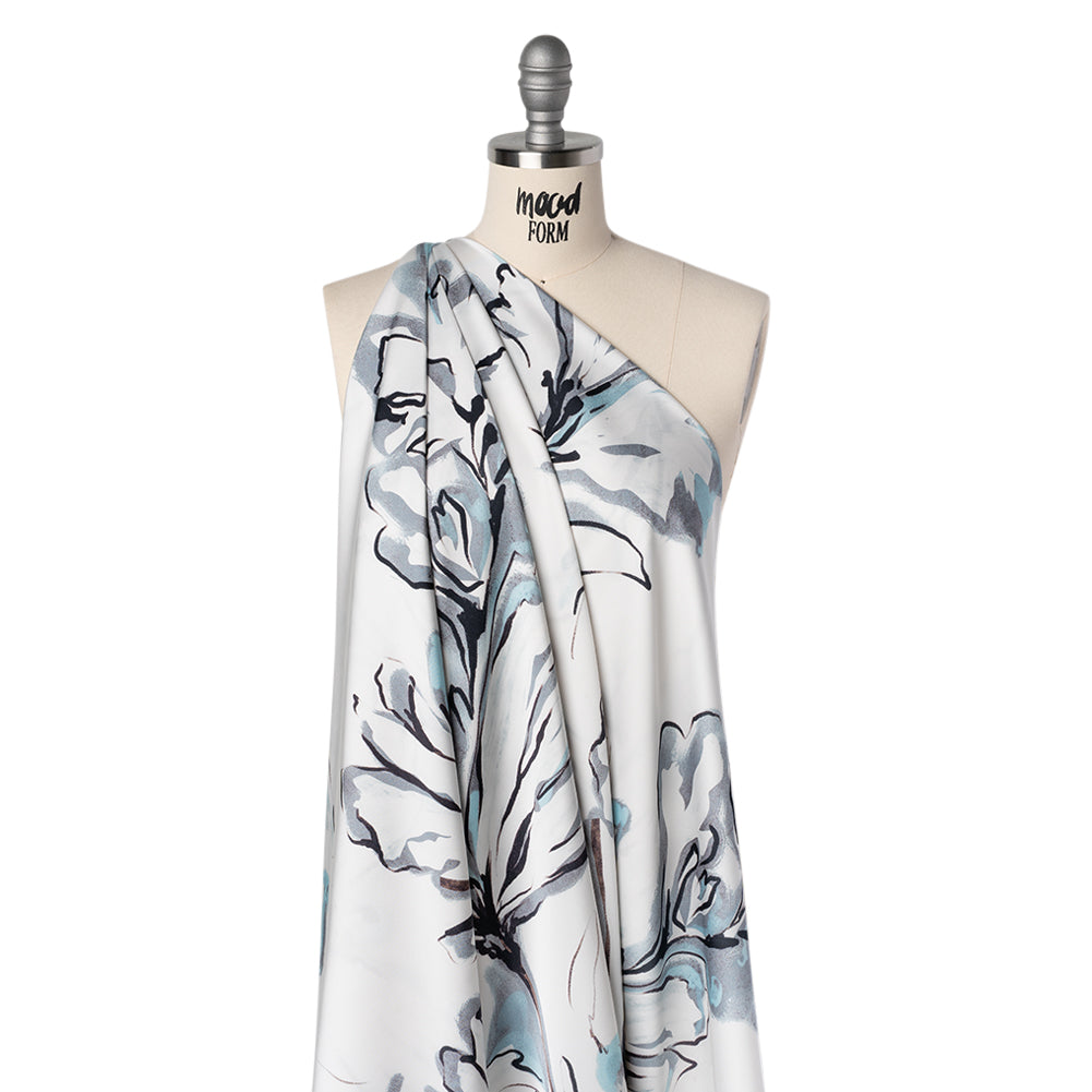 Polyester Satin - White, Gray and Sky Blue Inky Florals - Mood Exclusive Atamasco Ink Print