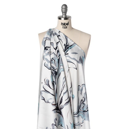 Polyester Satin - White, Gray and Sky Blue Inky Florals - Mood Exclusive Atamasco Ink Print