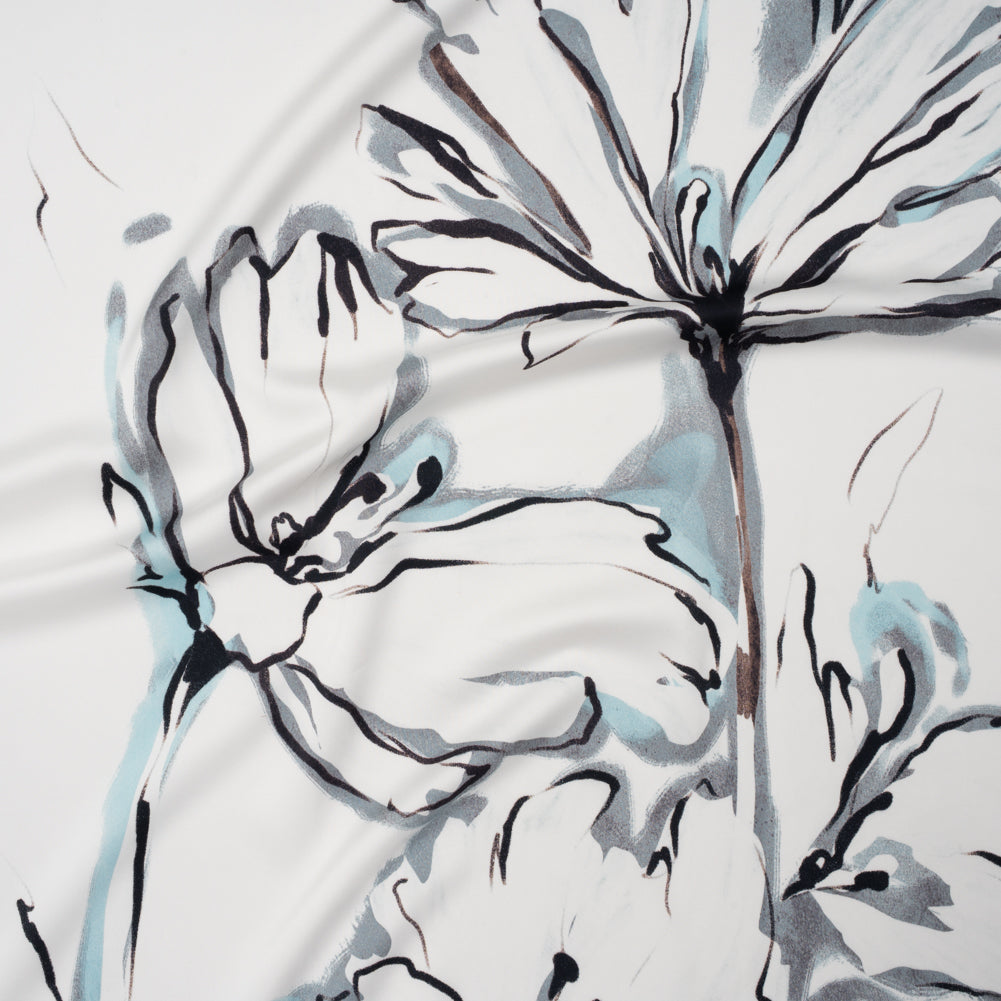 Polyester Satin - White, Gray and Sky Blue Inky Florals - Mood Exclusive Atamasco Ink Print