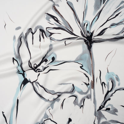 Polyester Satin - White, Gray and Sky Blue Inky Florals - Mood Exclusive Atamasco Ink Print