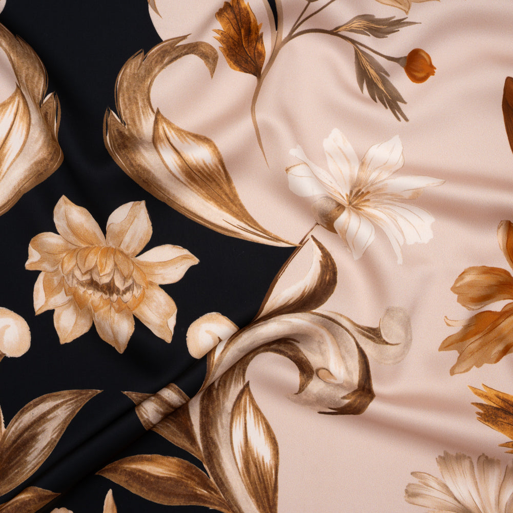 Polyester Satin - Black, Beige and Brown Flower Vine Stripes - Mood Exclusive Fleur de Rocaille Print