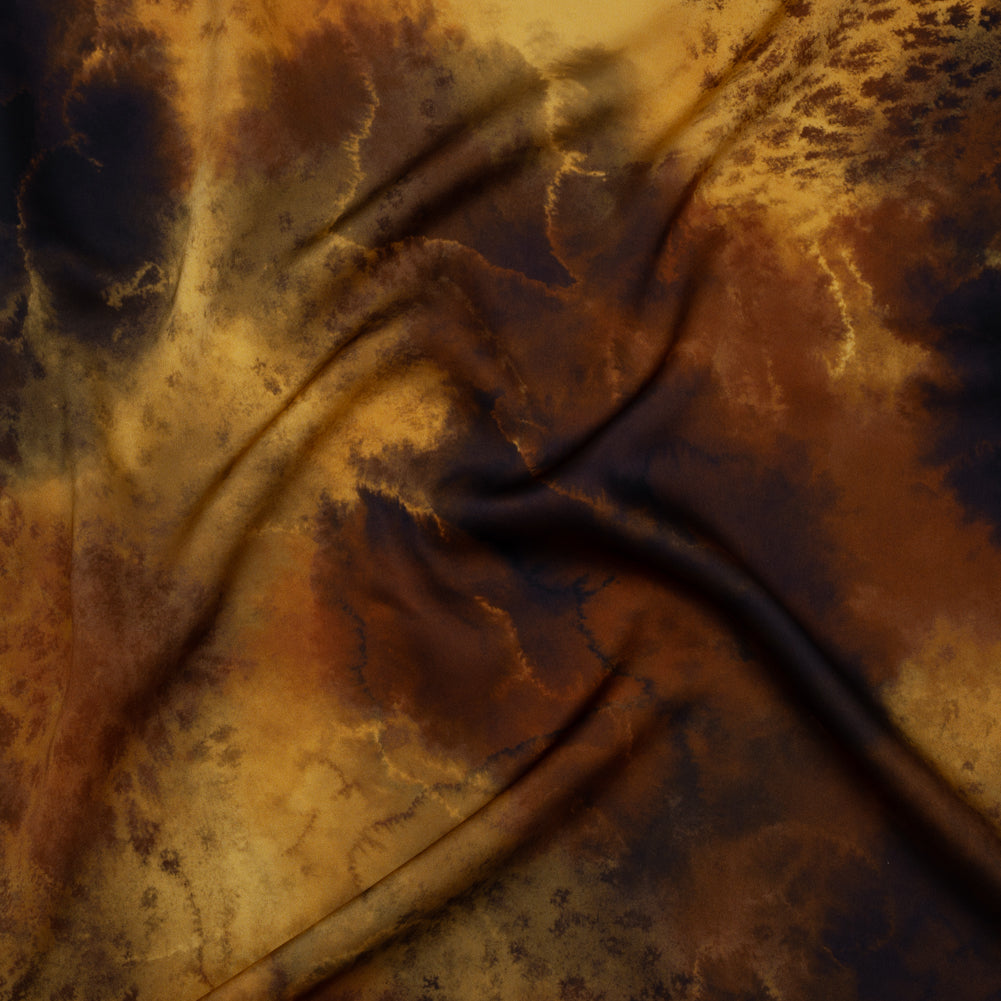 Polyester Satin - Yellow, Russet, and Black Spotted Abstract - Mood Exclusive Nebula Storm Print