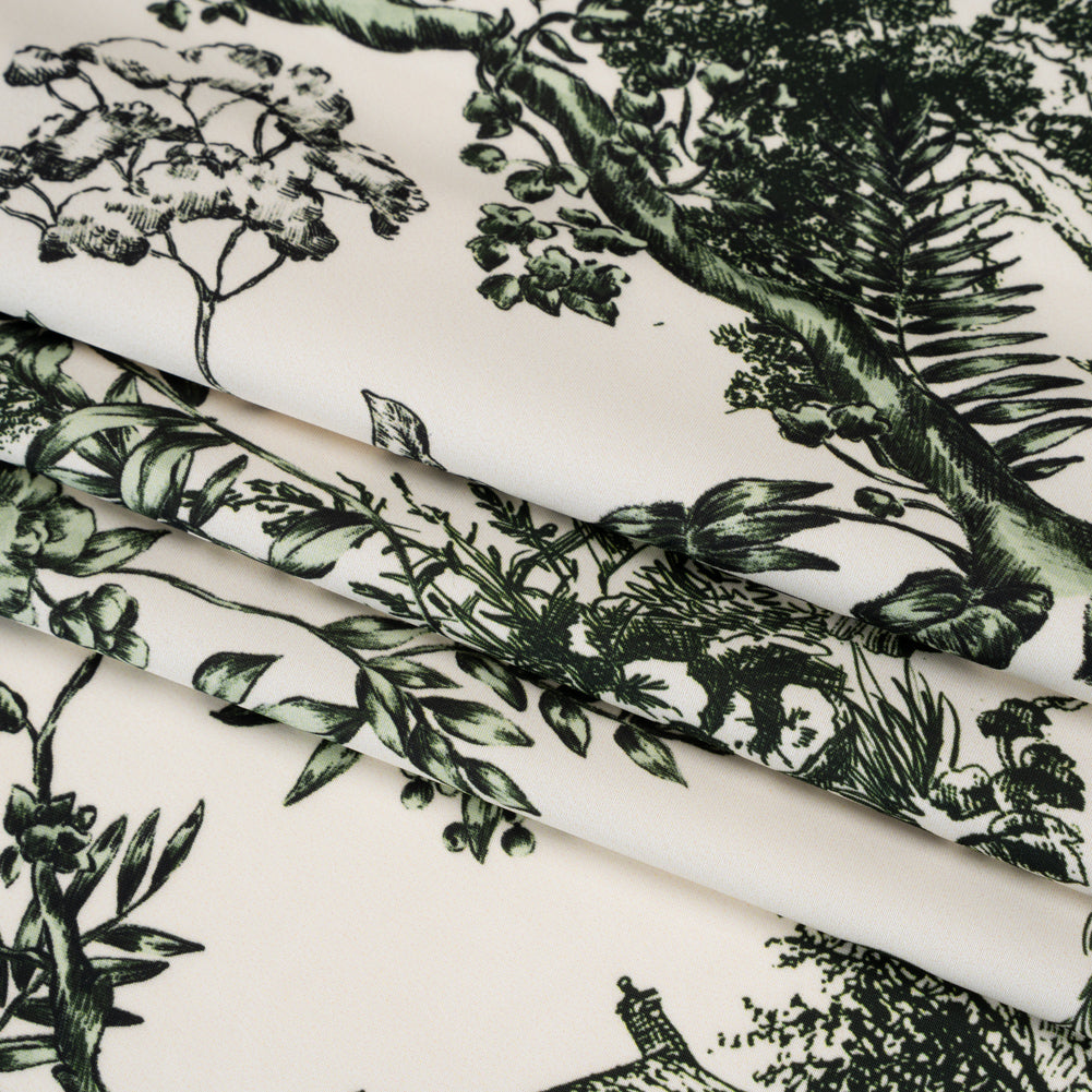 Polyester Satin - White and Green Plants and Horses - Mood Exclusive Bridle and Branch Print - Folded