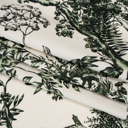 Polyester Satin - White and Green Plants and Horses - Mood Exclusive Bridle and Branch Print