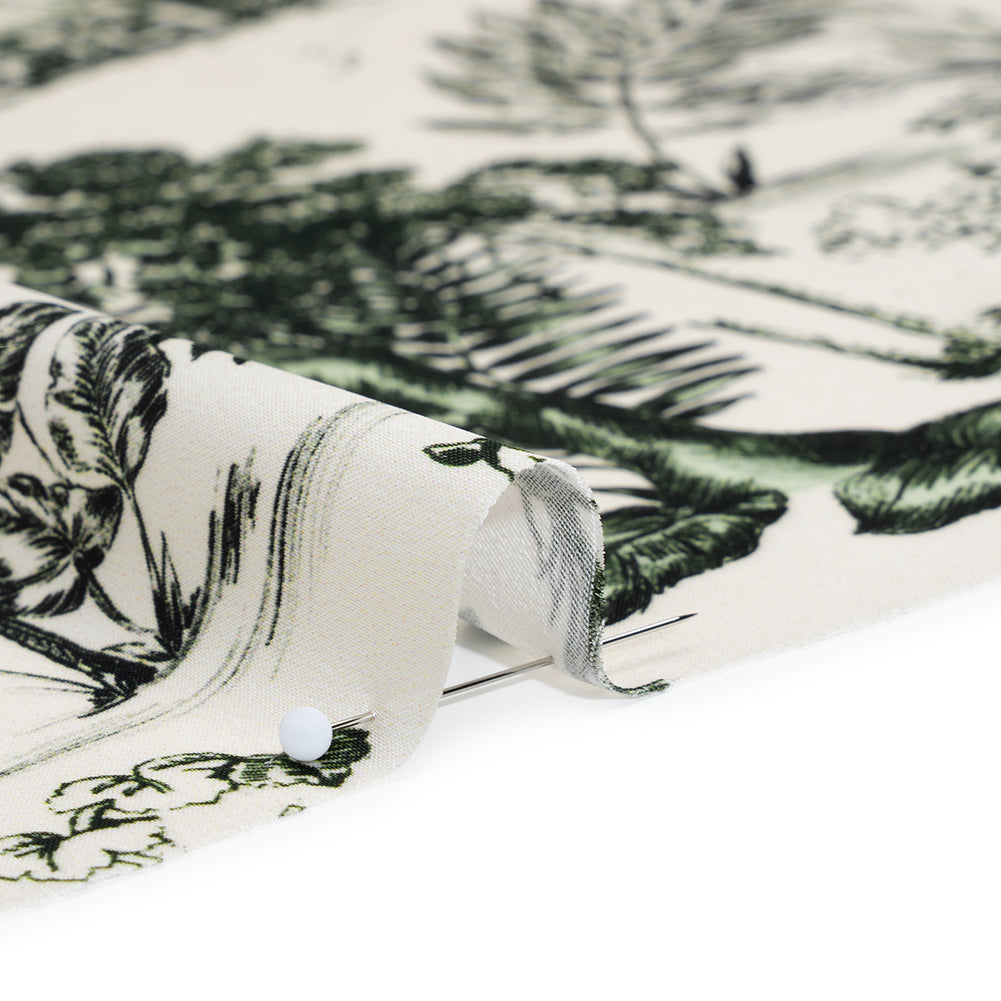 Polyester Satin - White and Green Plants and Horses - Mood Exclusive Bridle and Branch Print - Detail