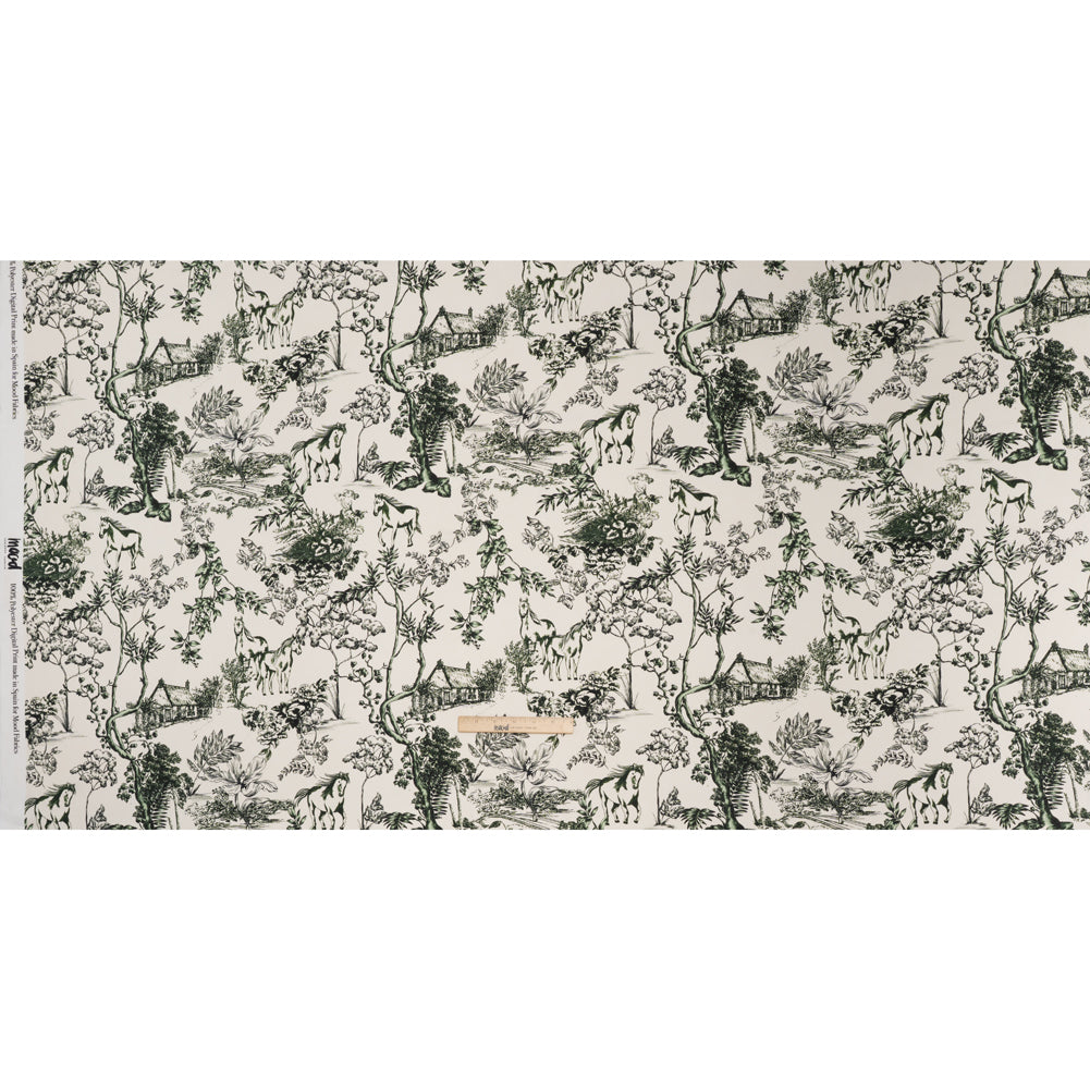 Polyester Satin - White and Green Plants and Horses - Mood Exclusive Bridle and Branch Print - Full