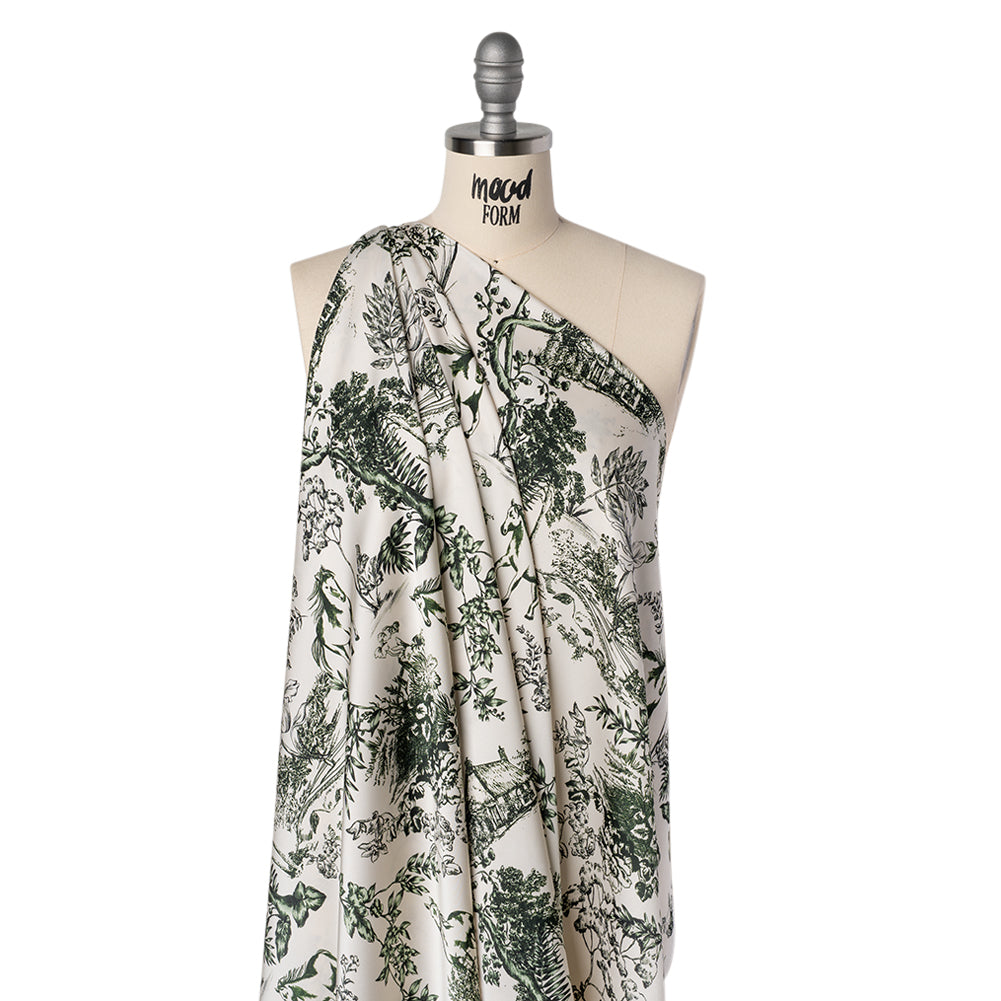 Polyester Satin - White and Green Plants and Horses - Mood Exclusive Bridle and Branch Print - Drape