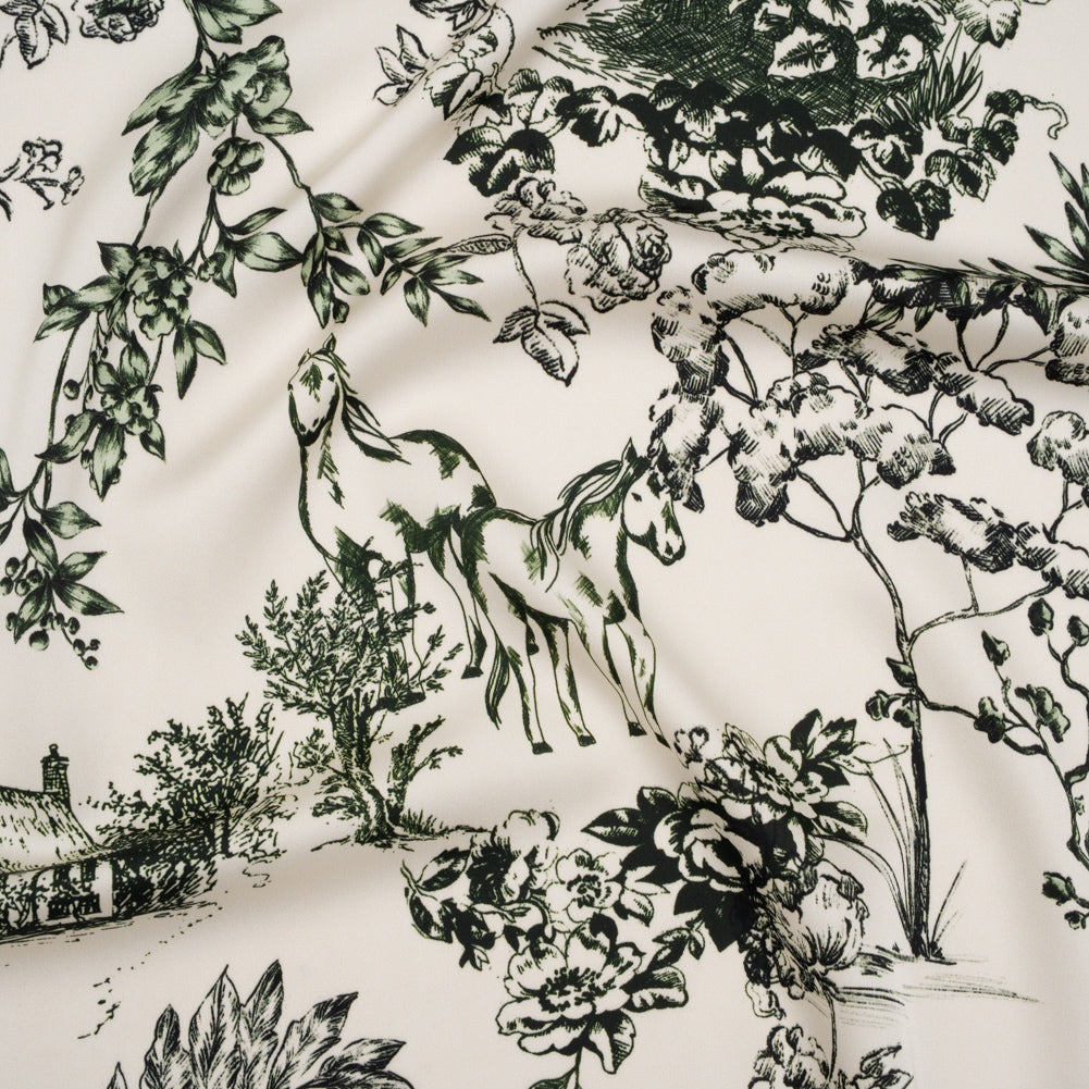 Polyester Satin - White and Green Plants and Horses - Mood Exclusive Bridle and Branch Print