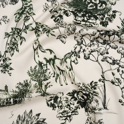 Polyester Satin - White and Green Plants and Horses - Mood Exclusive Bridle and Branch Print