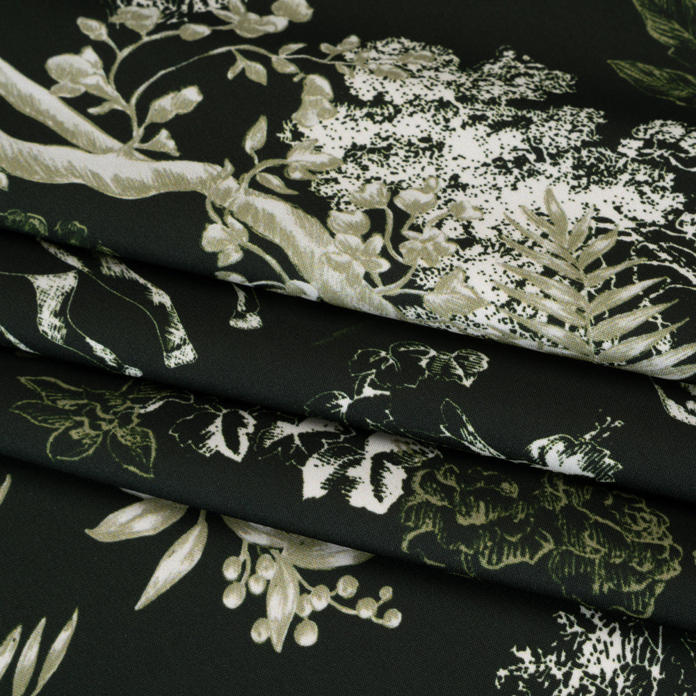 Polyester Satin - Dark Green and White Plants and Horses - Mood Exclusive Bridle and Branch Print Folded