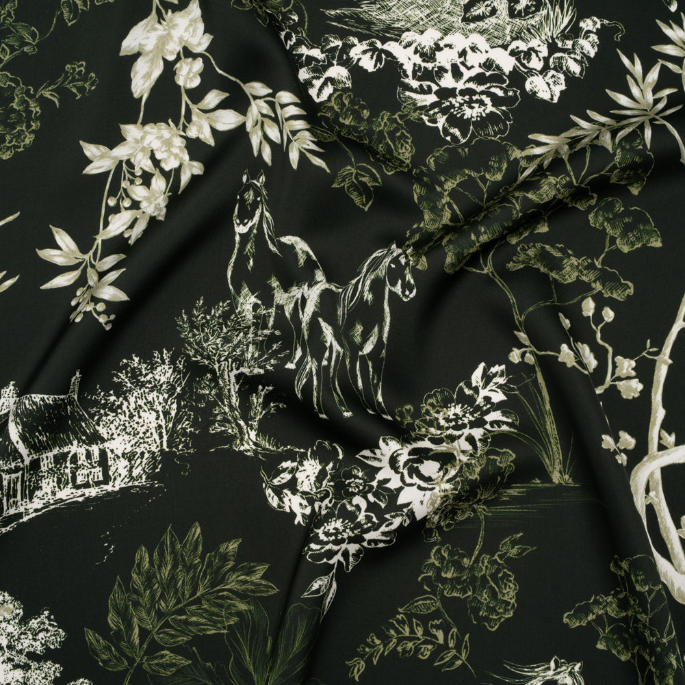 Polyester Satin - Dark Green and White Plants and Horses - Mood Exclusive Bridle and Branch Print