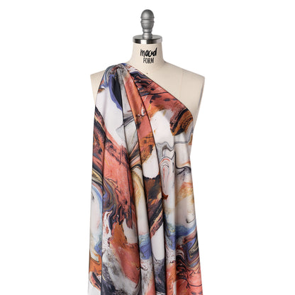Polyester Satin - Madder Red, Blue and Pale Gray Earthy Swirls - Mood Exclusive Molten Moves Print