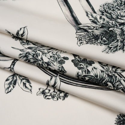 Polyester Satin - Black on White Flowers and Columns - Mood Exclusive Petal Pillars Print
