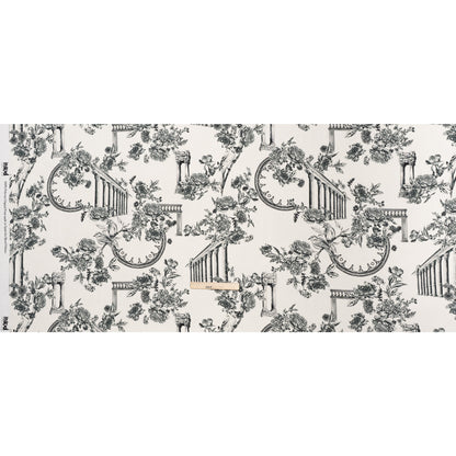 Polyester Satin - Black on White Flowers and Columns - Mood Exclusive Petal Pillars Print