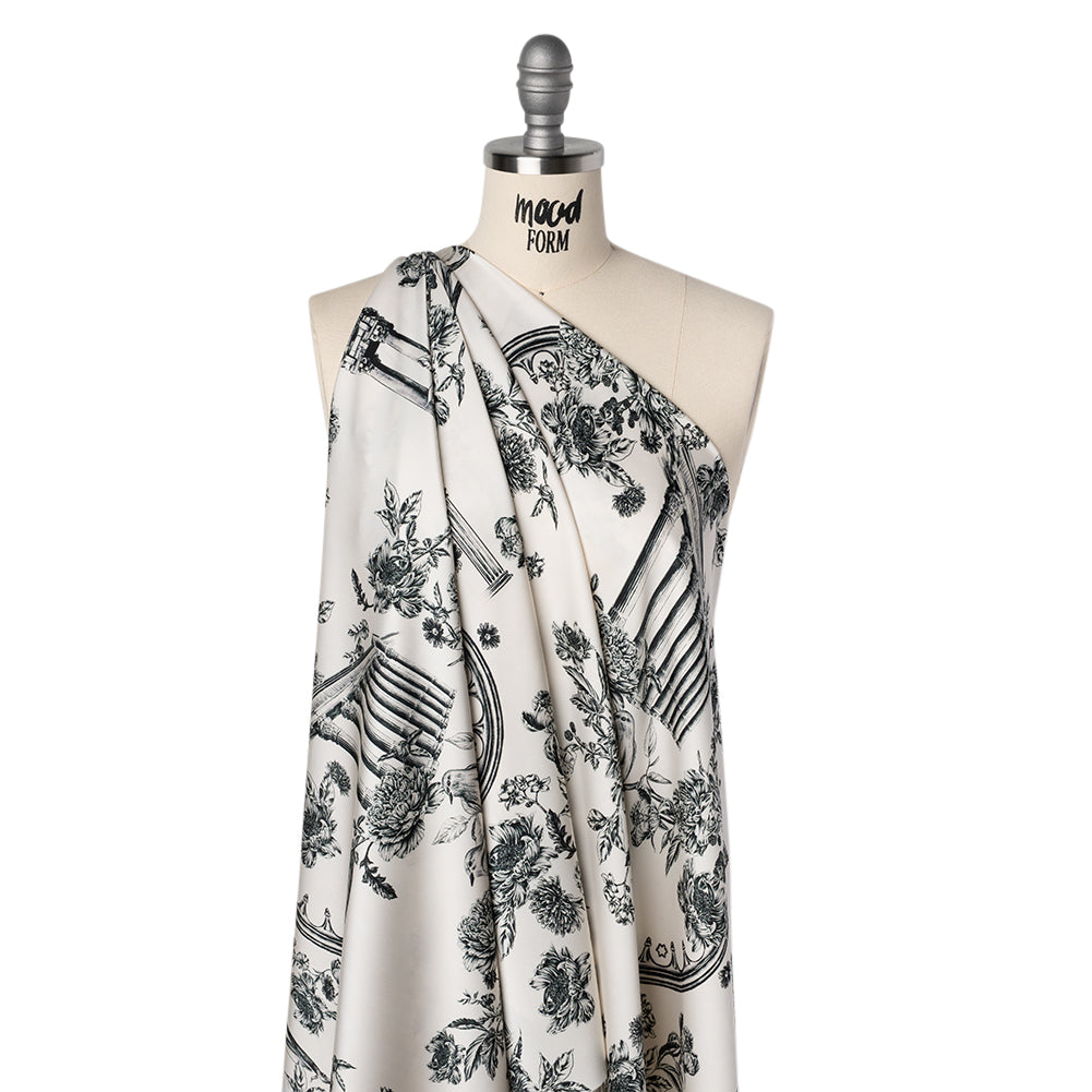 Polyester Satin - Black on White Flowers and Columns - Mood Exclusive Petal Pillars Print