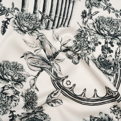Polyester Satin - Black on White Flowers and Columns - Mood Exclusive Petal Pillars Print