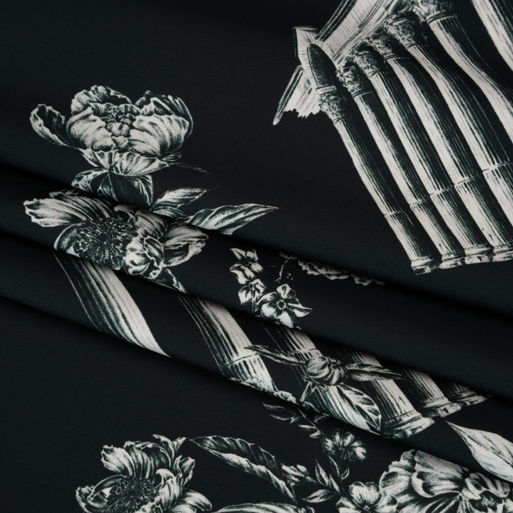 Polyester Satin - White on Black Flowers and Columns - Mood Exclusive Petal Pillars Print