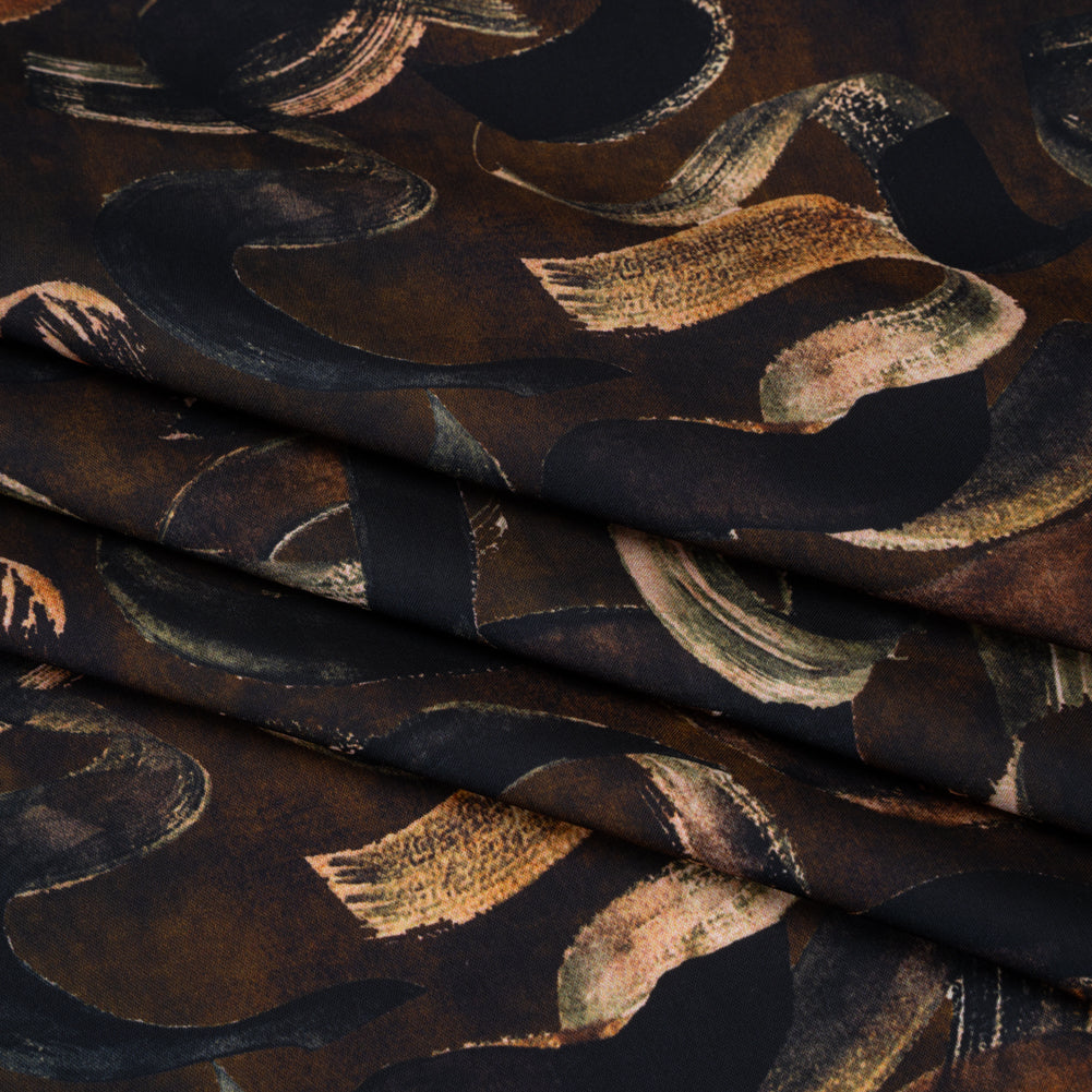 Polyester Satin - Brown, Black and Burnt Orange Painted Ribbons - Mood Exclusive Ruststroke Wrap Print Folded