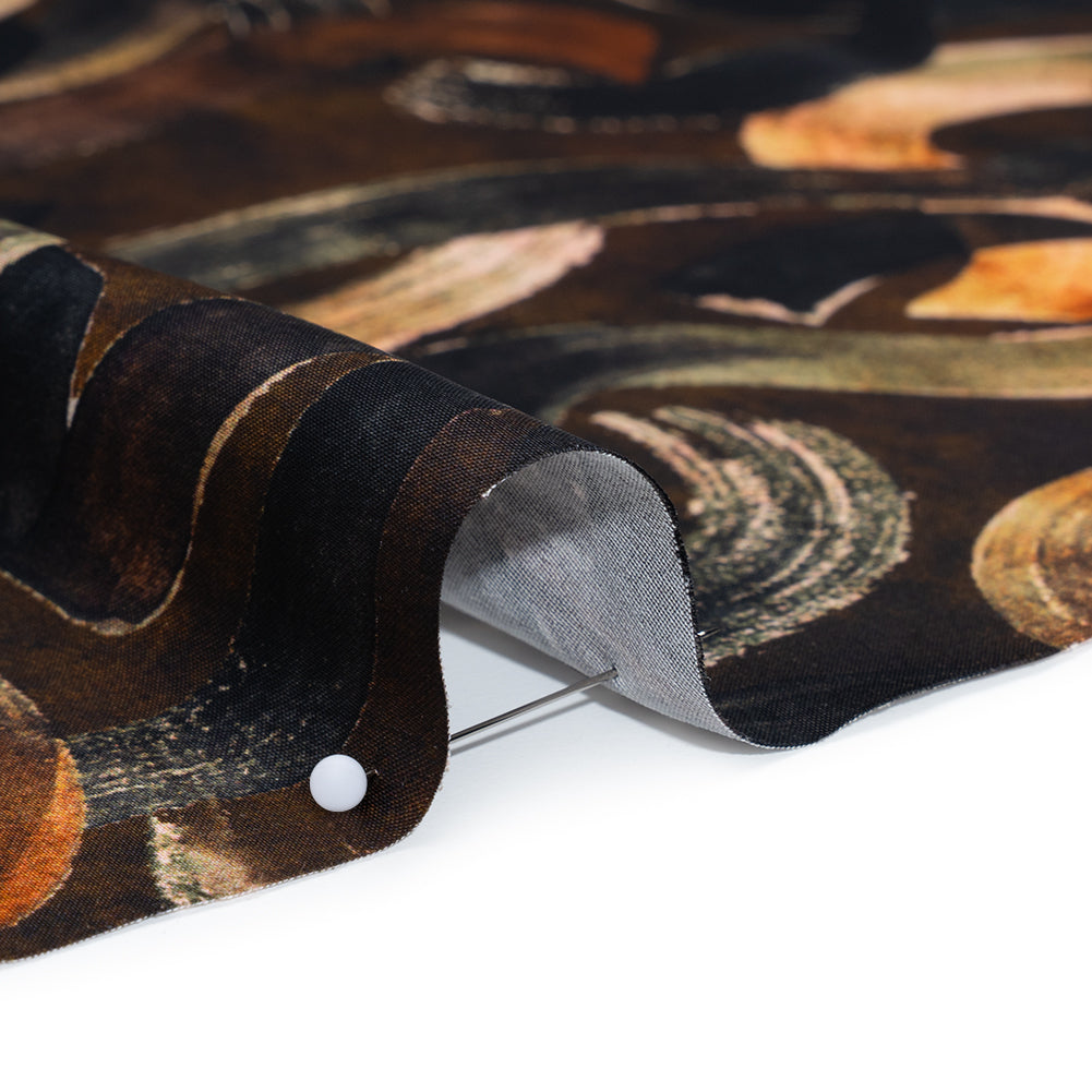 Polyester Satin - Brown, Black and Burnt Orange Painted Ribbons - Mood Exclusive Ruststroke Wrap Print Detail