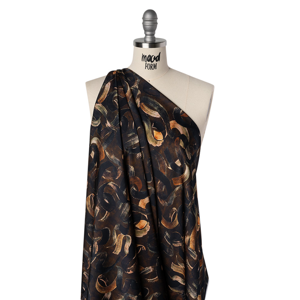 Polyester Satin - Brown, Black and Burnt Orange Painted Ribbons - Mood Exclusive Ruststroke Wrap Print Drape