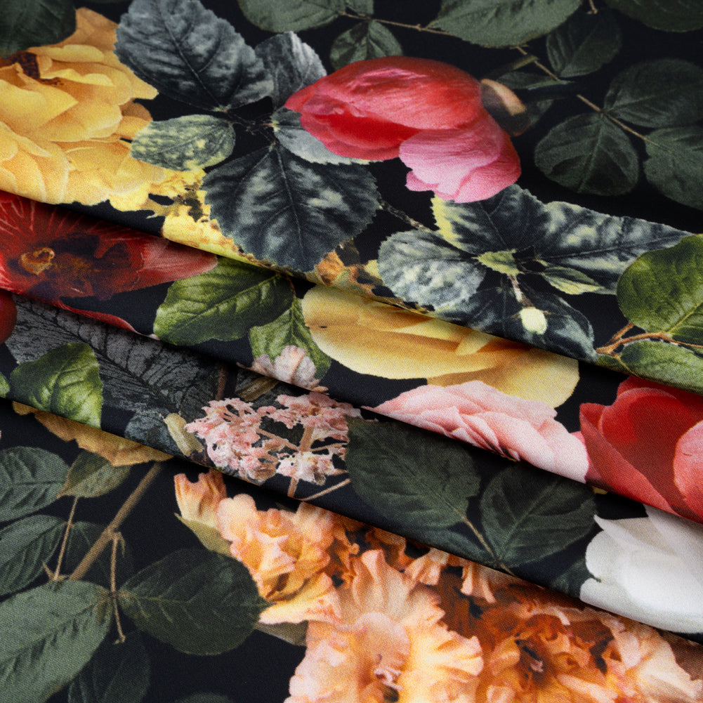 Polyester Satin - Red, Yellow and Green Photorealistic Florals - Mood Exclusive Petals After Dark Print Folded