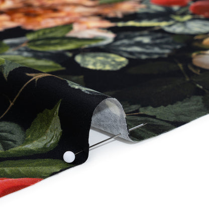 Polyester Satin - Red, Yellow and Green Photorealistic Florals - Mood Exclusive Petals After Dark Print Detail