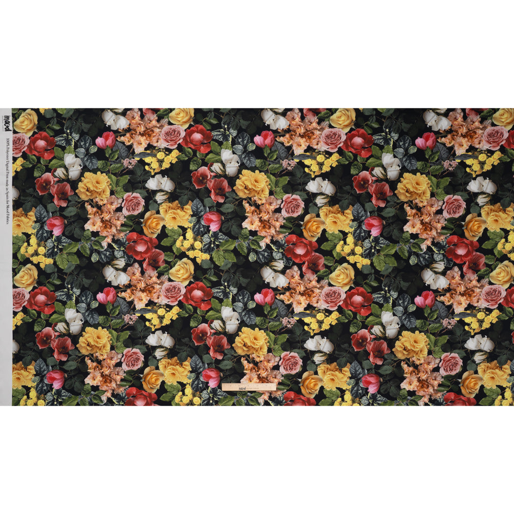 Polyester Satin - Red, Yellow and Green Photorealistic Florals - Mood Exclusive Petals After Dark Print Full