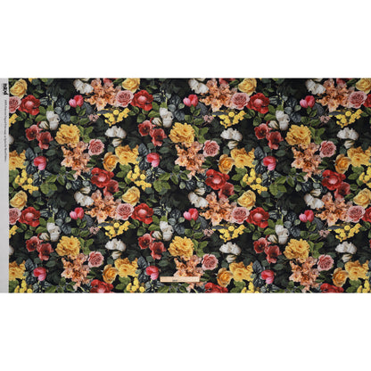 Polyester Satin - Red, Yellow and Green Photorealistic Florals - Mood Exclusive Petals After Dark Print Full