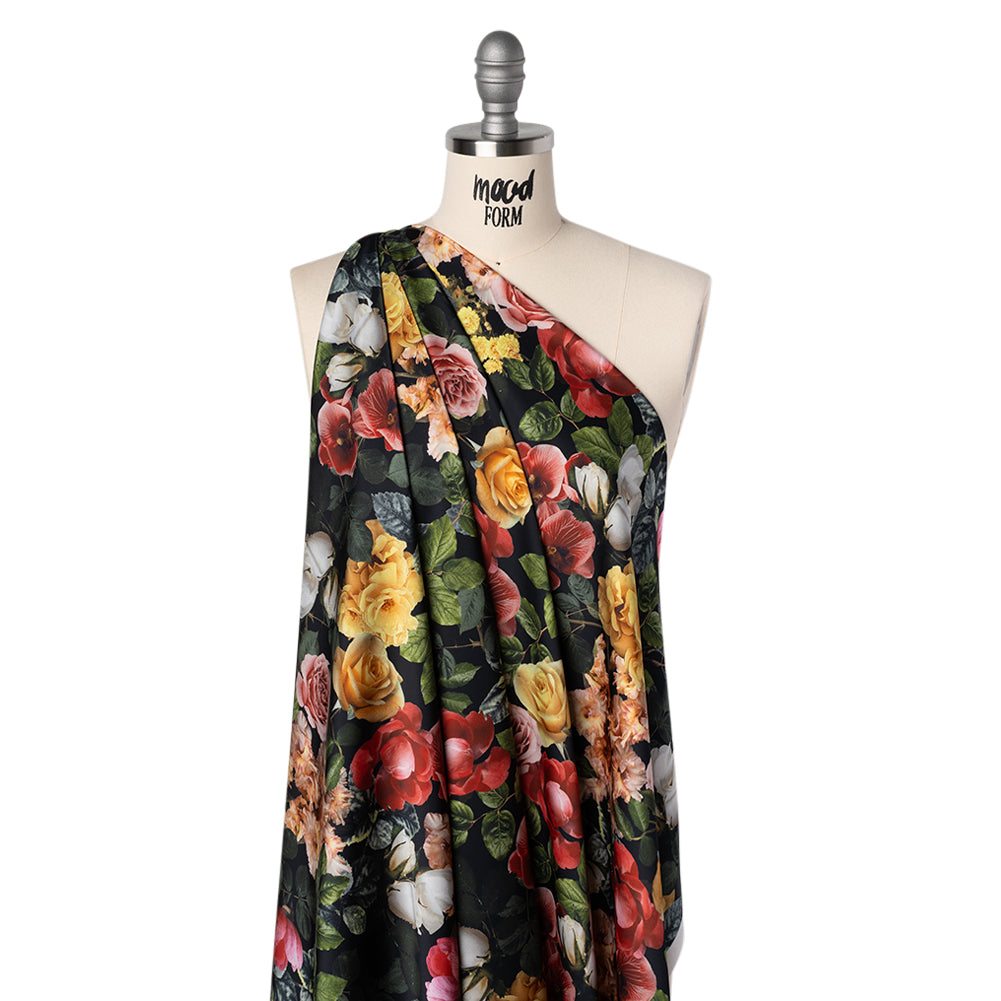 Polyester Satin - Red, Yellow and Green Photorealistic Florals - Mood Exclusive Petals After Dark Print Drape