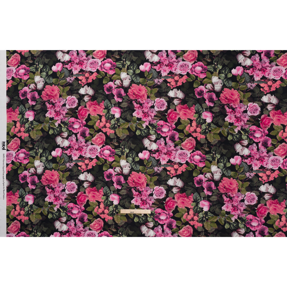 Polyester Satin - Pink, Green and Black Photorealistic Florals - Mood Exclusive Petals After Dark Print Full