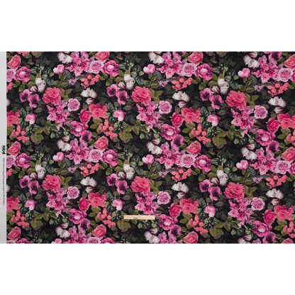 Polyester Satin - Pink, Green and Black Photorealistic Florals - Mood Exclusive Petals After Dark Print Full