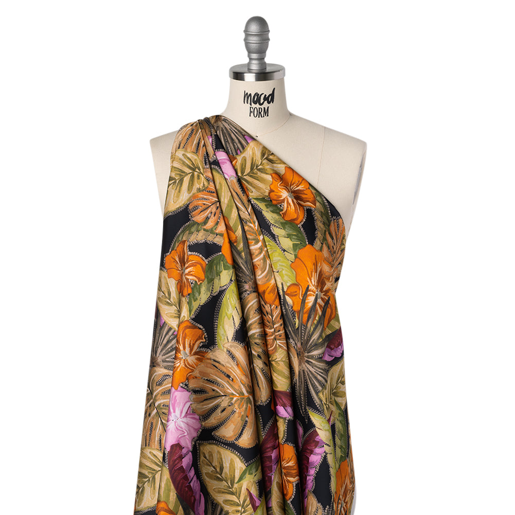 Polyester Satin - Beige, Green and Orange Tropical Leaves and Flowers with Stitching - Mood Exclusive Sunstitched Canopy Print - Drape