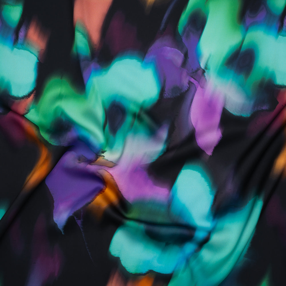 Polyester Satin - Black, Purple and Green Painterly Blurred Florals - Mood Exclusive Blazing Blur Print