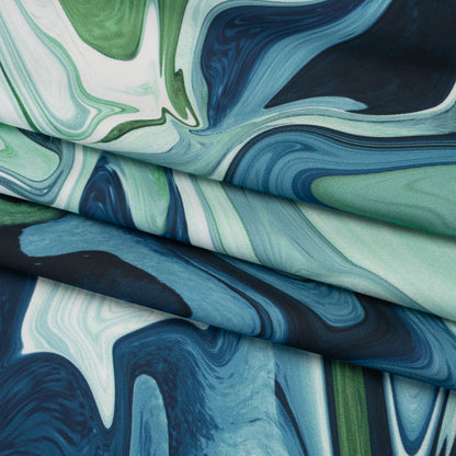 Polyester Satin - Blue, Green and White Marbled Swirls - Mood Exclusive Cascading Current Print