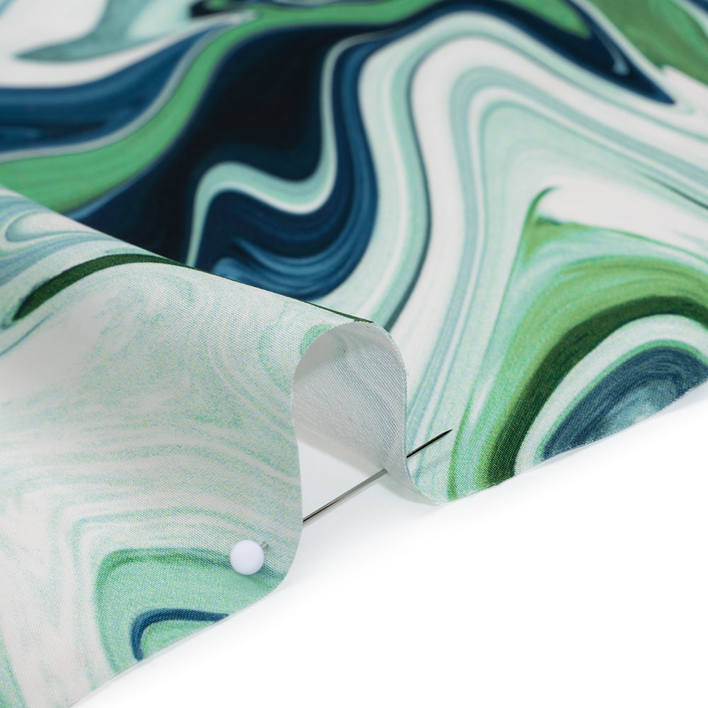 Polyester Satin - Blue, Green and White Marbled Swirls - Mood Exclusive Cascading Current Print